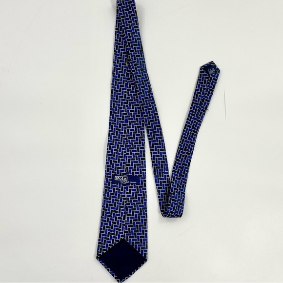 Polo by Ralph Lauren Navy Blue Royal Blue Preppy Old Money Geometric Silk Tie - Picture 2 of 6